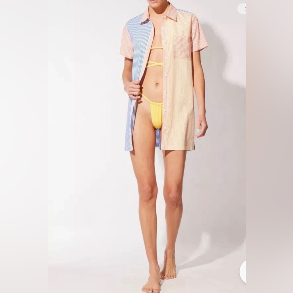 SOLID & STRIPED NWT Cabana Mini Shirt Dress Medium Blue Orange Yellow Stripe - Picture 2 of 10